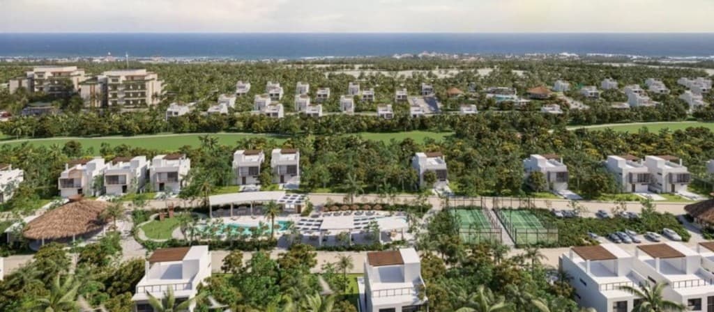 Aerial view of landscaped resort lagoons and pools — north Playa corridor