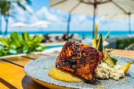 Grilled fish with risotto and vegetables at Las Olas beachside dining in Playa del Carmen