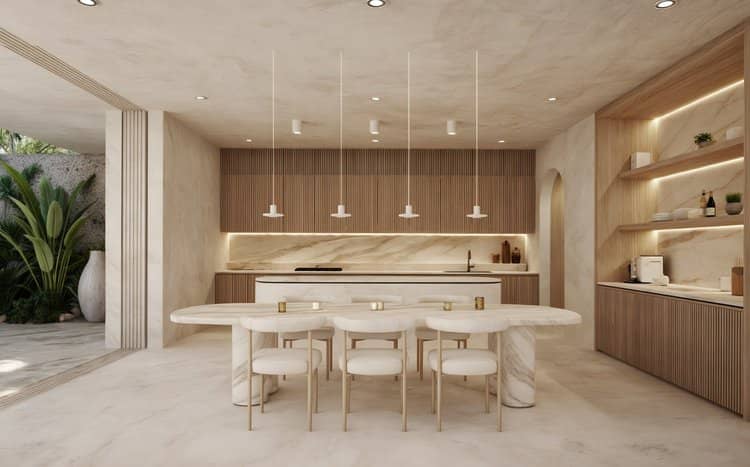 Marble kitchen and dining area of an Aldea Zama condo