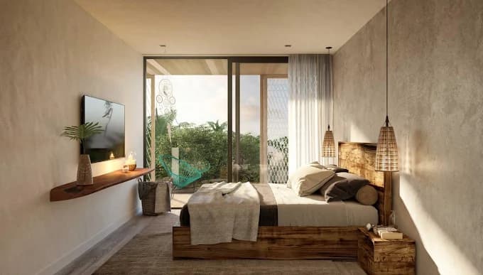 Recámara king ecochic en Artia Condos con lámparas tejidas