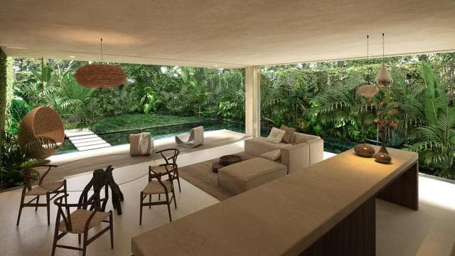 Sala abierta en Artia con acceso a alberca privada y selva