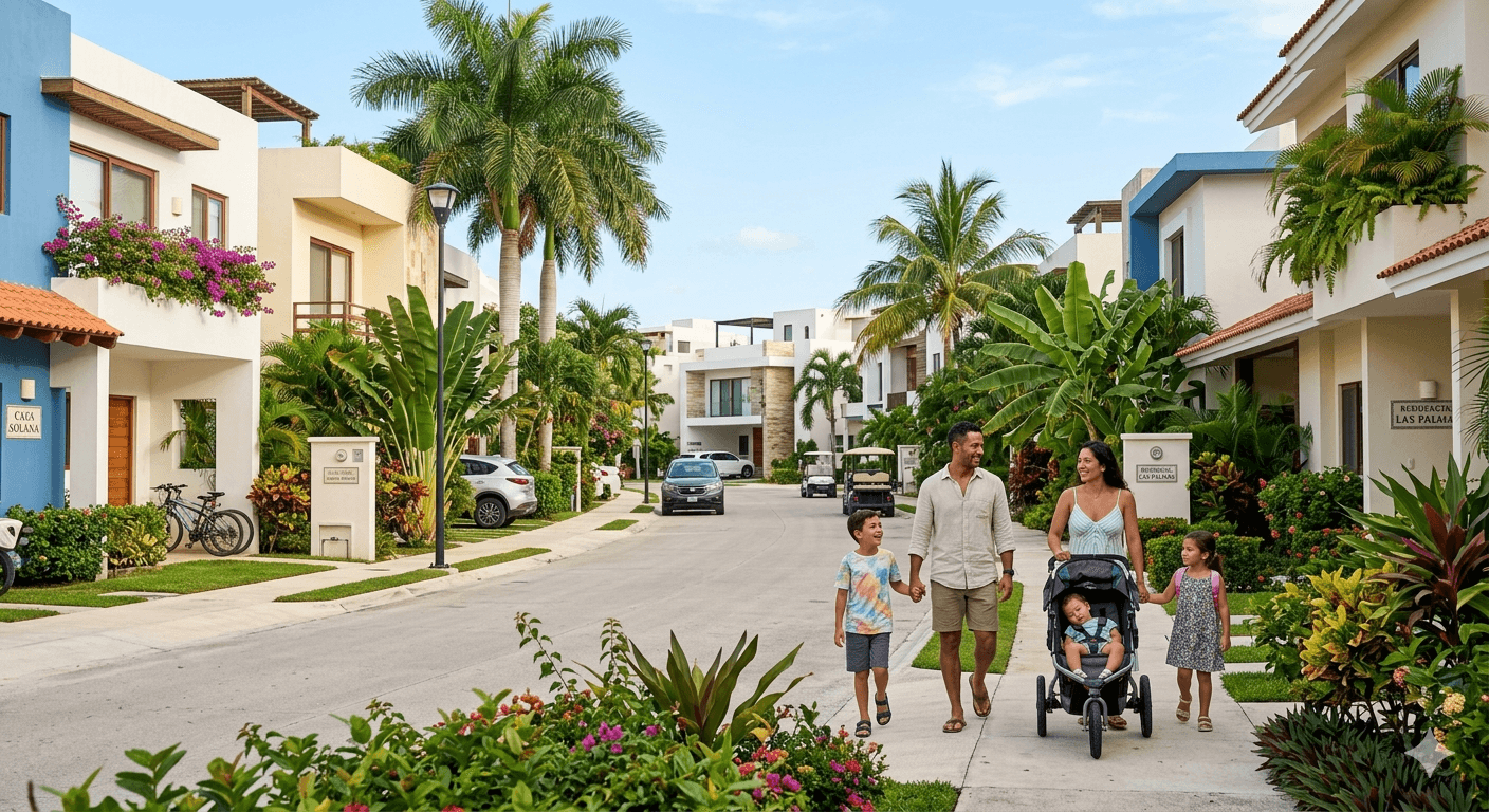 Family with children walking through a tropical residential street in Playa del Carmen
