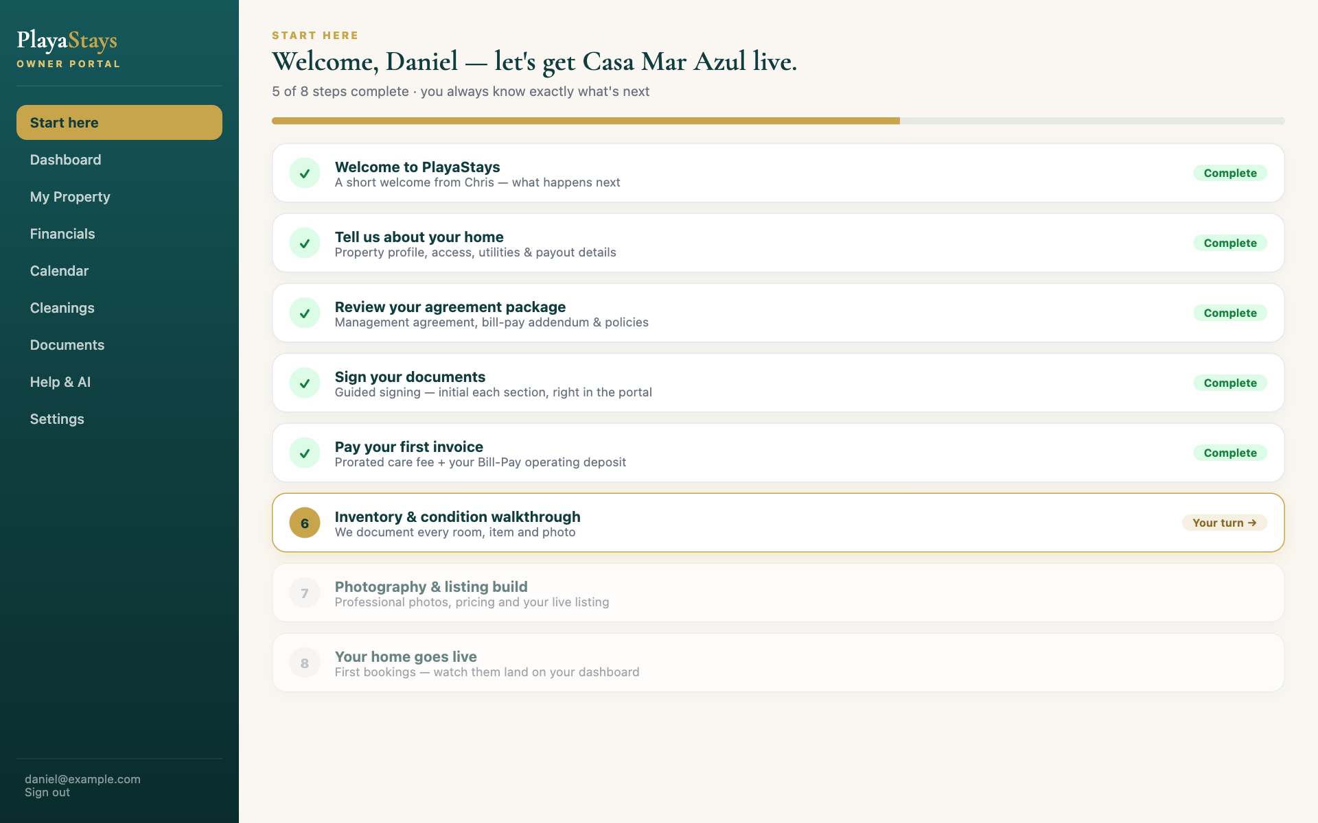 Guided onboarding checklist in the PlayaStays Owner Portal — 8 steps from sign-up to live