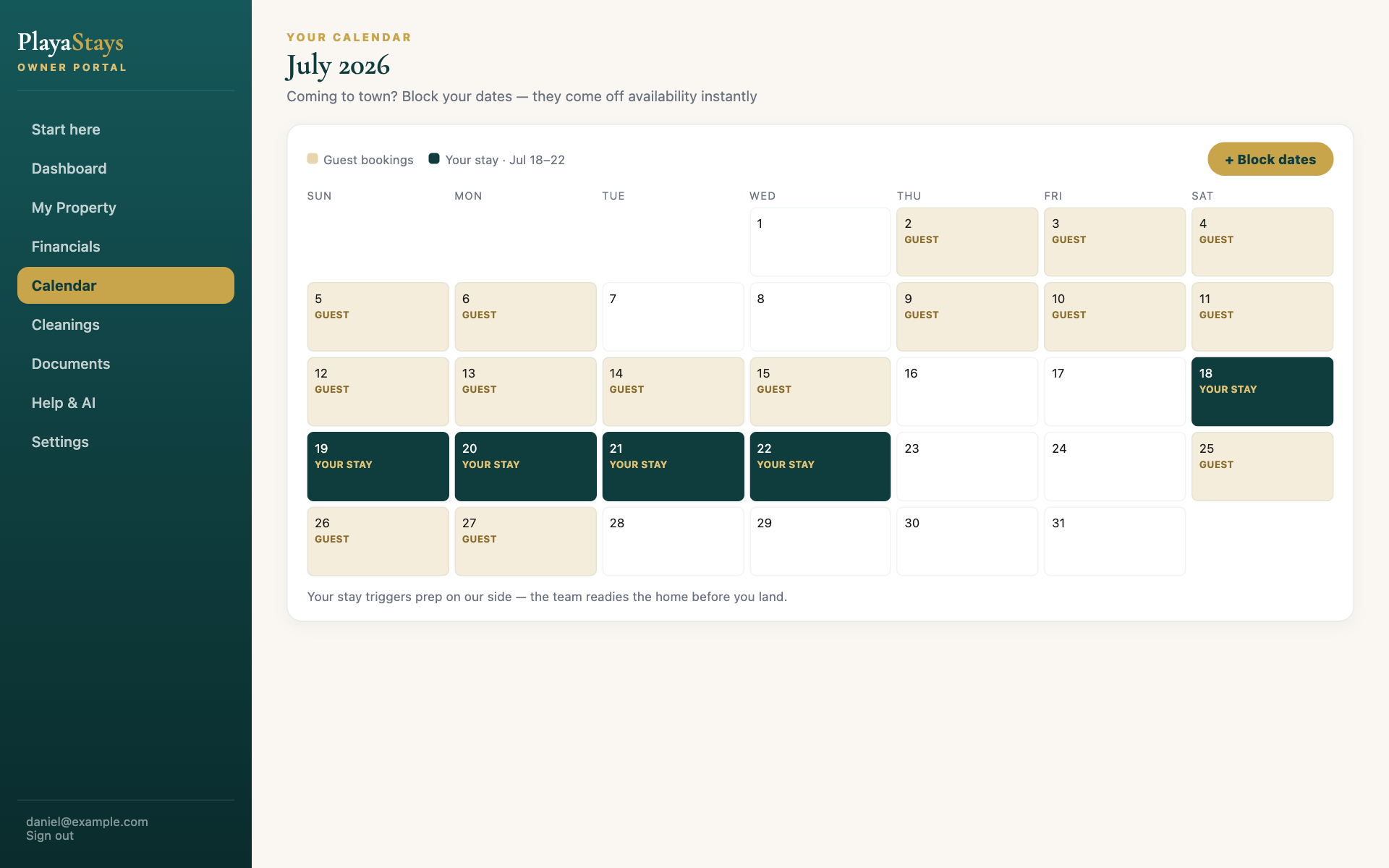 Owner calendar — block your own stays alongside guest bookings