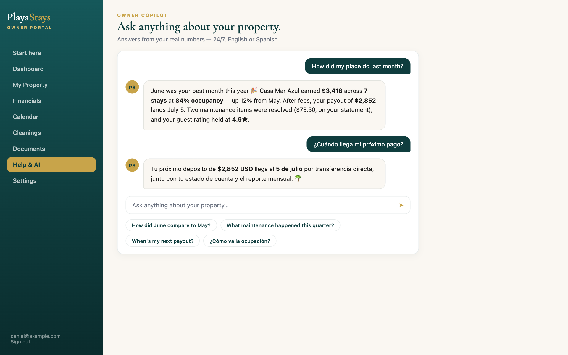 AI owner copilot answering property questions from live data, in English or Spanish