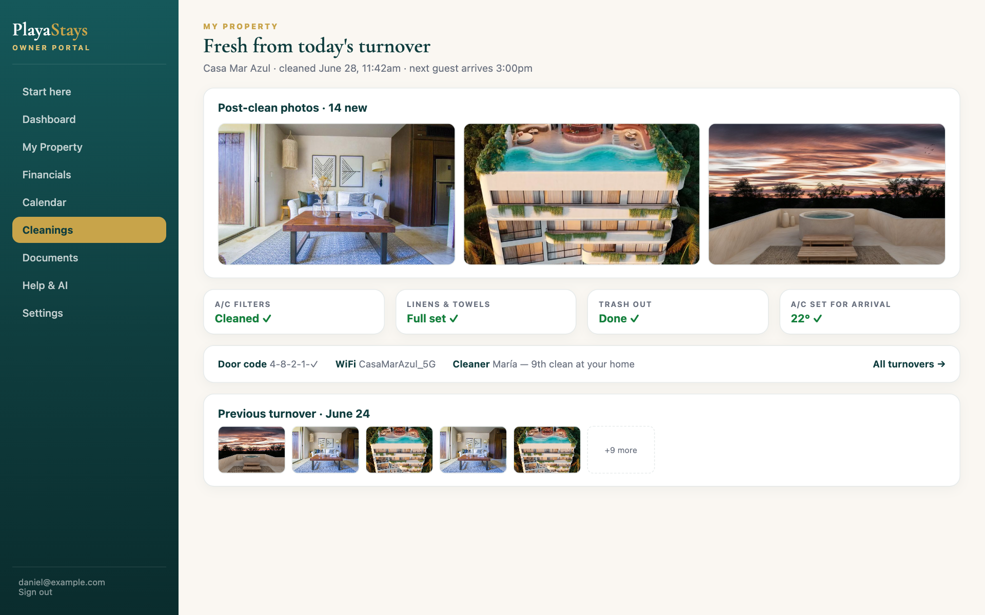 Post-clean property photos after every turnover in the owner portal