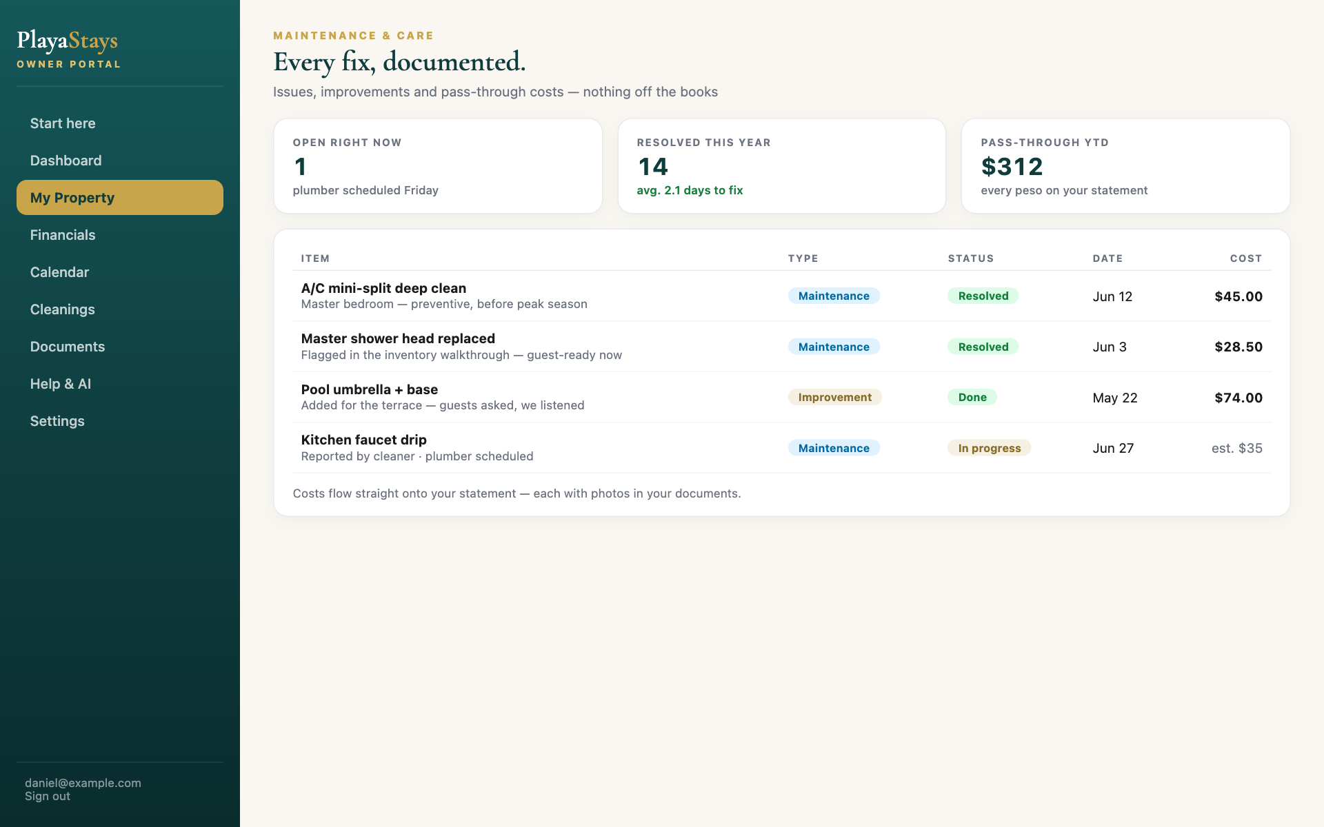 Vacation rental maintenance and improvements log with pass-through costs